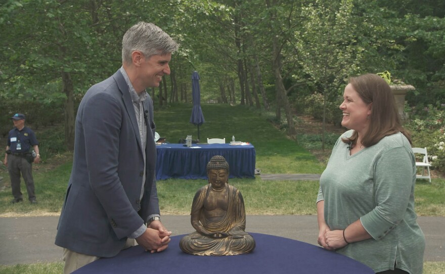 Richard Cervantes (left) appraises an Early 18th C. Japanese gilt-wood buddha, in Akron, OH. ANTIQUES ROADSHOW “Stan Hywet Hall &amp; Gardens, Hour 1” premieres Monday, April 29 at 8/7C PM on PBS.