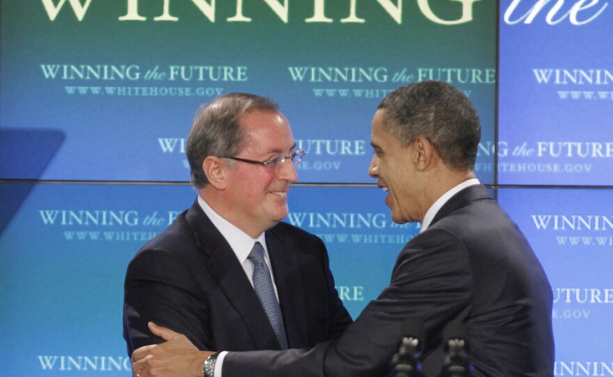 President Obama is greeted by Intel CEO Paul Otellini after touring an Intel facility in Hillsboro, Ore., in February.