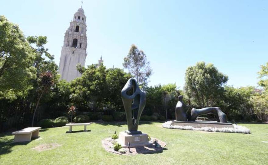 The May S. Marcy Sculpture Garden. Sculpture Garden installation detail by Barbara Hepworth, Figure for Landscape, Bronze, 1960 (center). California Tower is in the background.