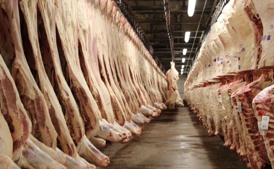 Beef carcasses hang in the sales cooler at the JBS beef plant in Greeley, Colo.
