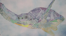 Sea turtle in a mural painted by students at Del Mar Pines elementary school students, Jan 2014 .
