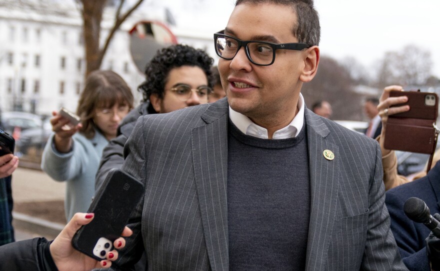 U.S. Rep. George Santos, R-N.Y., leaves a House GOP conference meeting on Capitol Hill in Washington, Jan. 25, 2023.