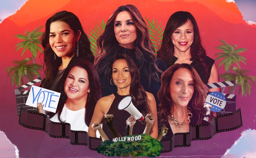 <strong>Check out the series: <a href="https://www.npr.org/series/1121772250/latinos-in-hollywood">Latinos in Hollywood</a></strong> America Ferrera (clockwise from top left), Eva Longoria, Rosie Perez, Ivette Rodriguez, Rosario Dawson and Christy Haubegger are using their platforms to promote empowerment and representation.