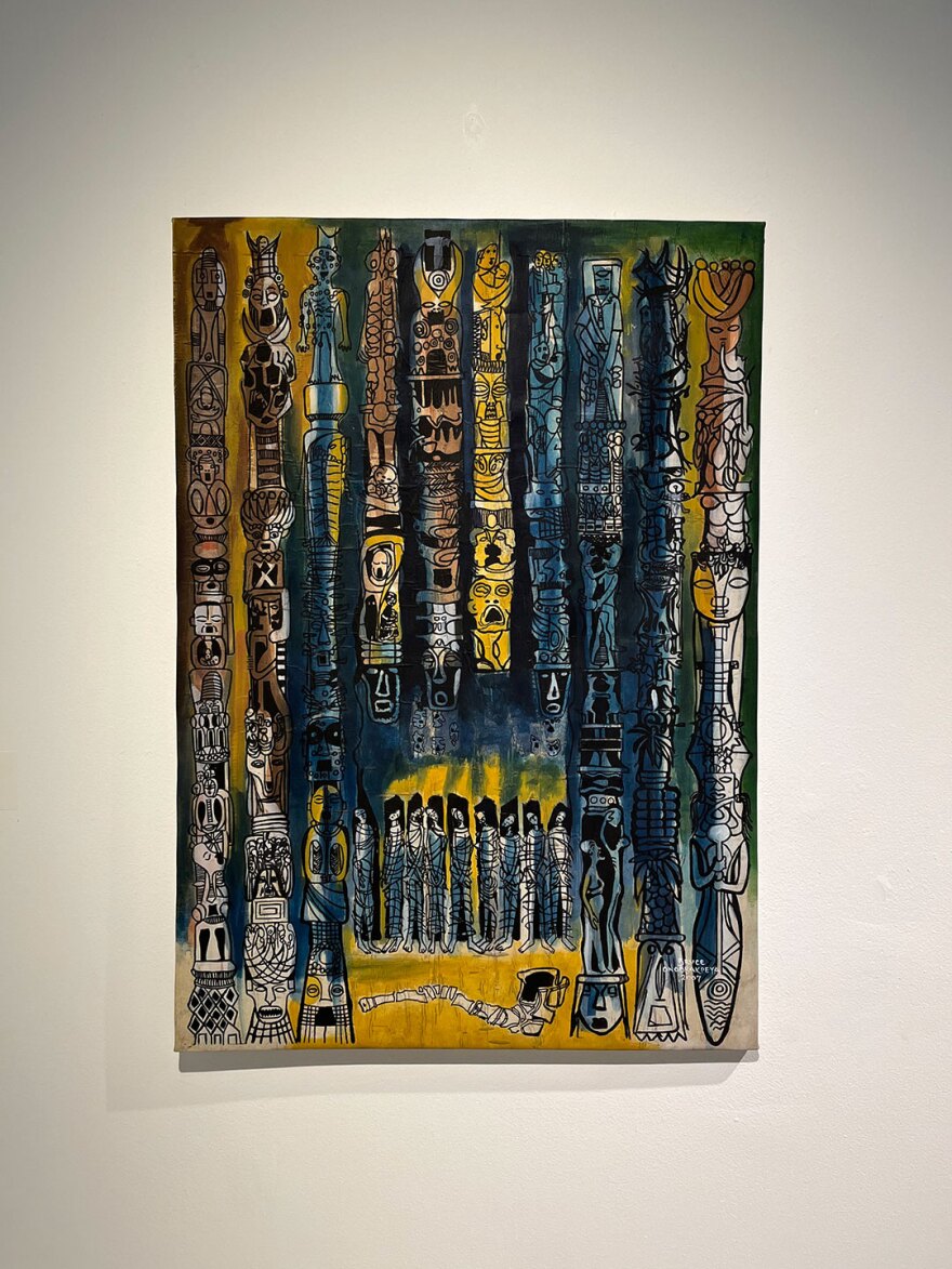 Bruce Onobrakpeya's "Martyrdom of the Ogoni Nine," 2007; acrylic on triptilinen; 45 x 33 inches. The work will be shown in "Bruce Onobrakpeya: Idi Owena," opening Feb. 18, 2022.