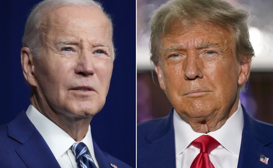 In this combination of file photos, President Joe Biden, left, speaks on Aug. 10, 2023, in Salt Lake City, and former President Donald Trump speaks on June 13, 2023, in Bedminster, N.J.  Biden and Trump have set up a political movie the country has seen before — even if the last version was in black and white.