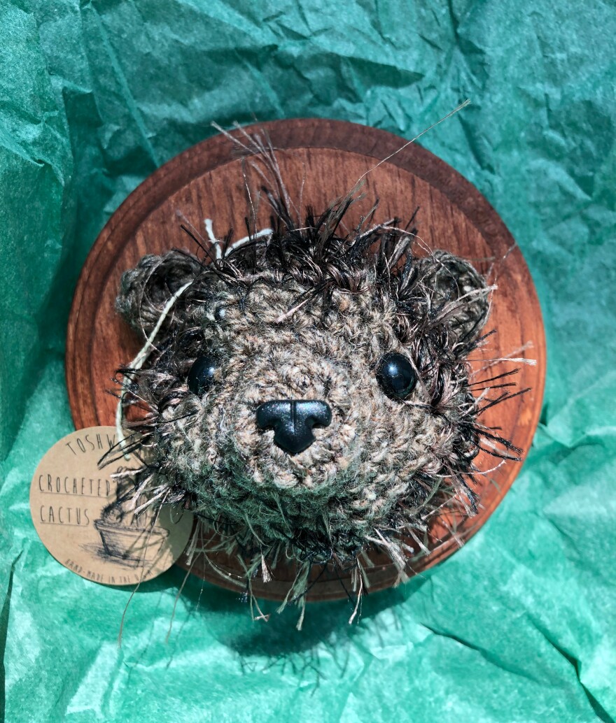 Crocheted taxidermy by ToshWerks is shown in an undated photo.