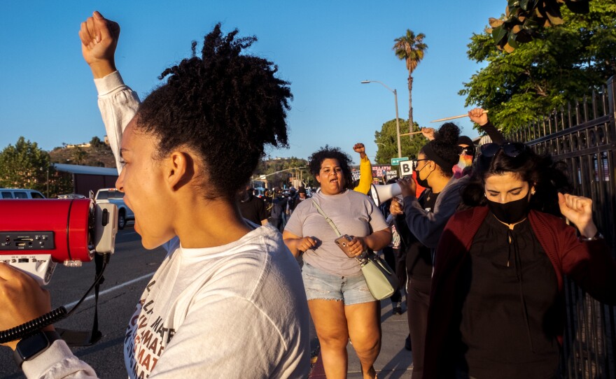 Danielle Wilkerson an organizer for the activist group East County BIPOC (@Eastcountybipoc) lead a group of protesters through the East San Diego County community of Lakeside Saturday (April 23, 2022) evening to protest how law enforcement has managed the investigation of the stabbing of a teenage black girl by a 16-year-old boy in an apparent hate crime.