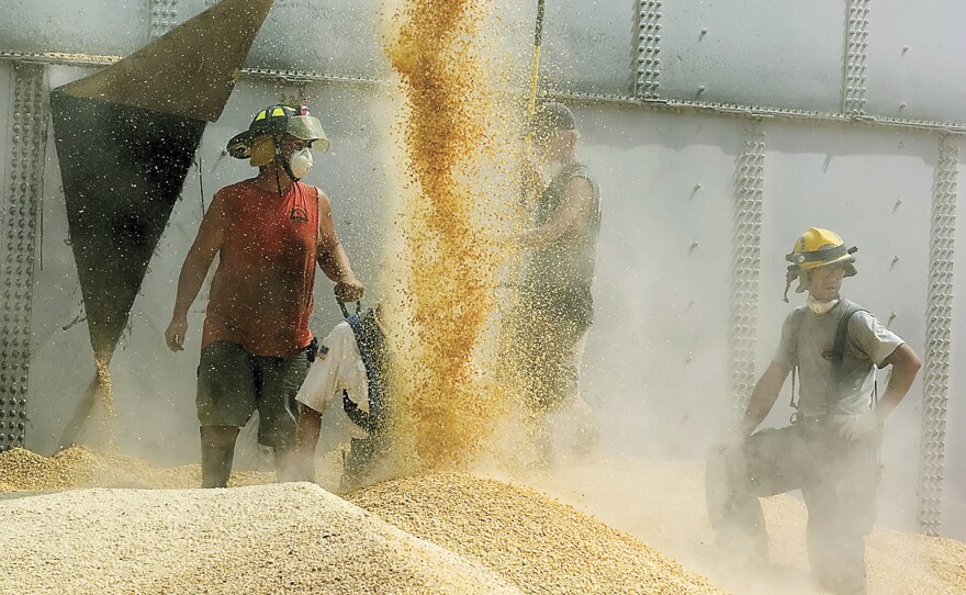 Workers drain corn from Haasbach LLC's Bin No. 9 as rescuers work inside to free three trapped boys July 28, 2010, in Mount Carroll, Ill. Triangular-shaped holes like the one pictured (left) were cut all around the bin to drain the corn evenly and keep the structure from collapsing.