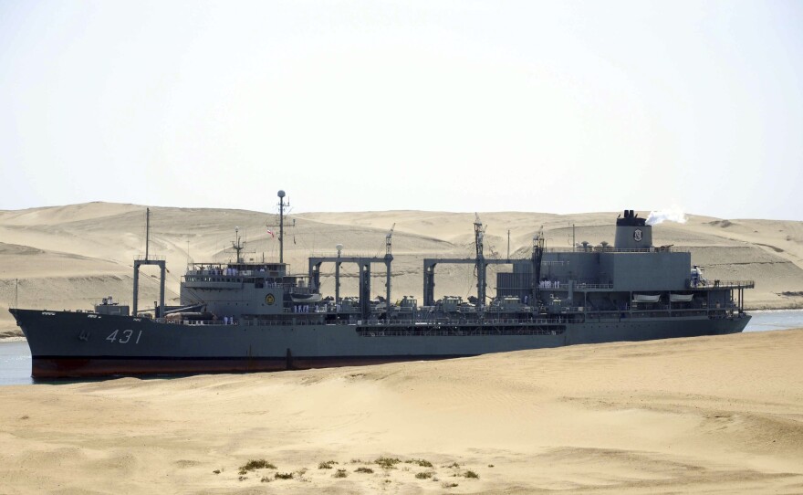 The Iranian navy's replenishment vessel IS Kharg passes through the Suez canal at Ismailia, Egypt, in 2011.