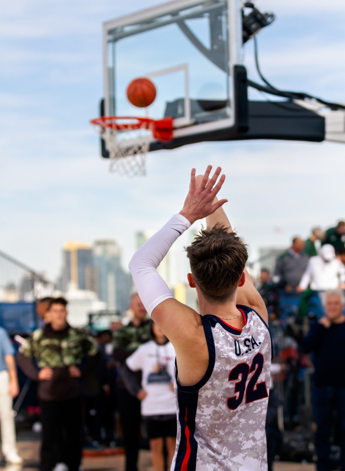 Gonzaga sophomore Joe Few shoots the ball aboard the USS Abraham Lincoln for the Armed Forces Classic - Carrier Edition on Nov. 11, 2022.
