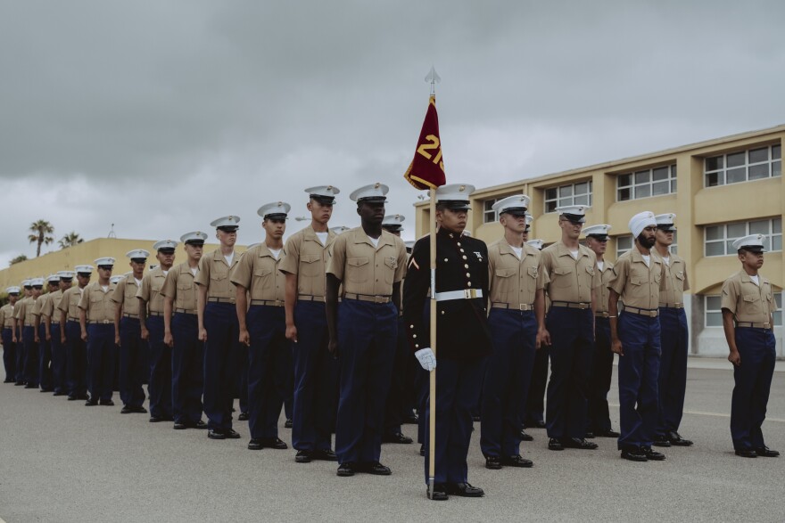 SAN DIEGO, CA - AUGUST 11, 2023: Jaskirat Singh stands in formation graduates along with the U.S Marine Corp’s Golf Company, 2nd Recruit Training Battalion at a graduation ceremony at the Marine Corps Recruit Depot San Diego.
Photographed by Mark Abramson for the Sikh Coalition