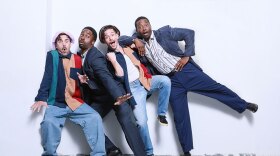 (from left) Daniel Petzold as Dromio of Ephesus, Joshua Echebiri as Antipholus of Ephesus, Will Blum as Dromio of Syracuse, and Brandon Micheal Hall as Antipholus of Syracuse in <i>The Comedy of Errors</i>, 2025. 