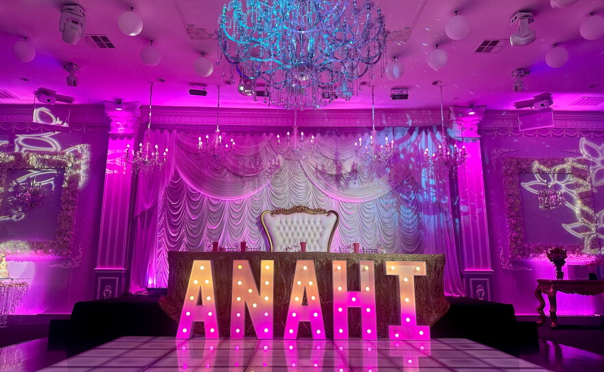 Glittering chandeliers and columns form part of the interior design of Factory of Dreams event venue in Chula Vista on May 31, 2026.