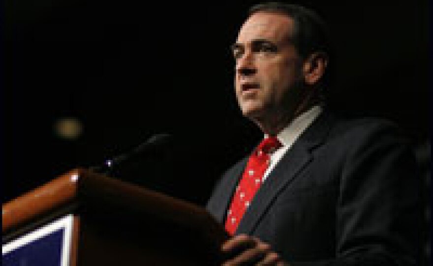 Republican presidential hopeful and former Arkansas Gov. Mike Huckabee speaks at a post-primary campaign rally at Columbia Metropolitan Convention Center Saturday in Columbia, S.C.