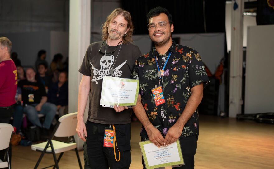 The inaugural Beth Accomando Fringe Geek Award of Appreciation went to Brian "Gmork" Marz (technician at Marie Hitchcock Puppet Theatre) and Alejandro Montero (technician at Centro Cultural De La Raza). Fringe would be in the dark and silent without these great lighting and sound technicians. May 28, 2023