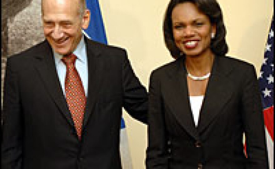 U.S. Secretary of State Condoleezza Rice meets with Israeli Prime Minister Ehud Olmert this week in Jerusalem, Israel. Rice met with Israeli and Palestinian leaders during preparations for a Middle East summit.