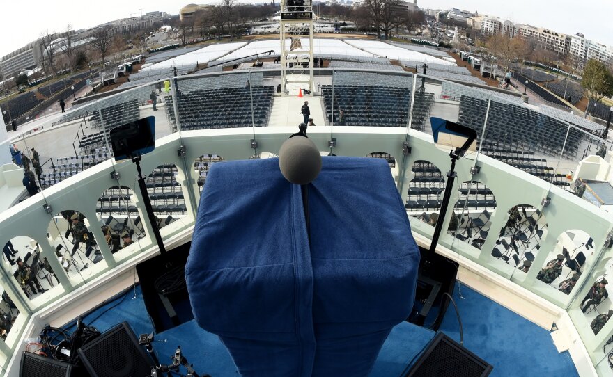 The podium where Donald Trump would take the Oath of Office is covered on Jan. 19. Trump promised to govern transparently, but open-government advocates are seeing troubling early signs.