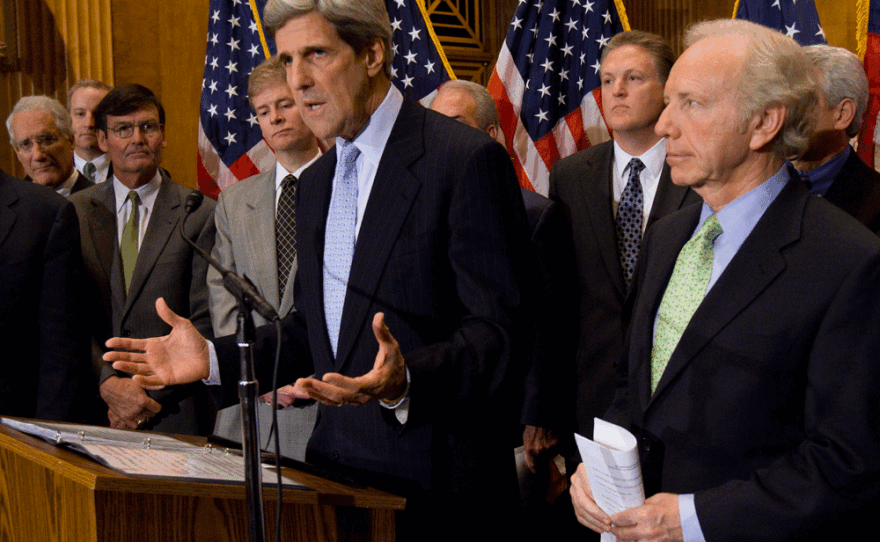 Sens. John Kerry (D-MA) and Joseph Lieberman (I-CT) unveil their climate change bill Wednesday. Some states say the bill would undercut measures already in place to combat climate change.