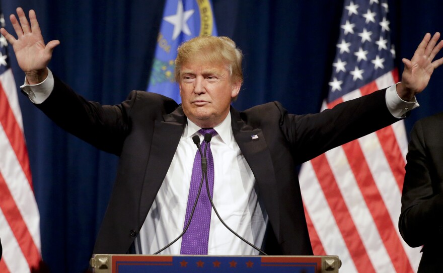 Republican presidential candidate Donald Trump speaks during a caucus night rally Tuesday in Las Vegas.