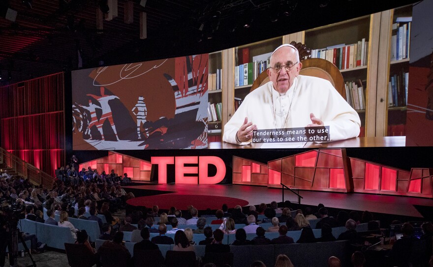 Pope Francis speaks in a video at the TED2017 conference Tuesday in Vancouver, British Columbia. The audience gave him a standing ovation after the talk, which stressed the importance of humility among the powerful.
