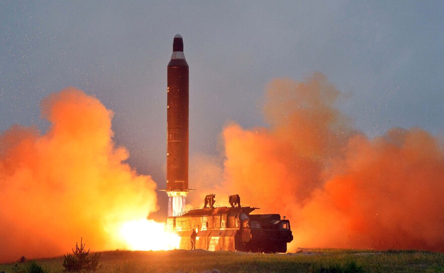 This undated picture released from North Korea's official Korean Central News Agency on June 23, 2016, shows a test launch of a medium-range Musudan ballistic missile.