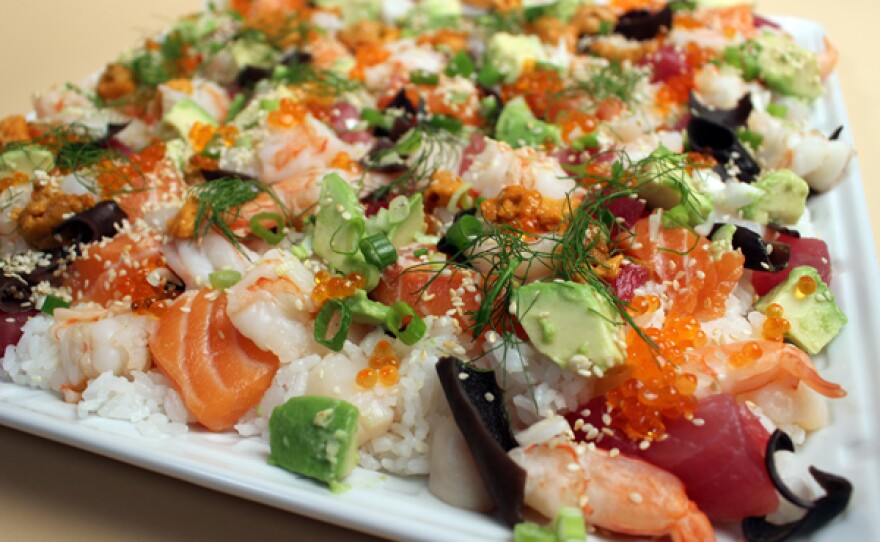 In episode 10, Chef Pépin prepares a colorful feast of chirashi sushi.