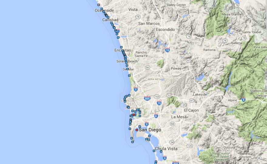 Heal the Bay map shows beach water quality grades on the San Diego county coastline on May 27, 2016.