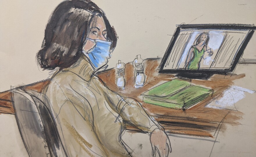 In this courtroom sketch, Ghislaine Maxwell is seated at the defense table while watching the testimony of witnesses during her trial on Tuesday in New York.