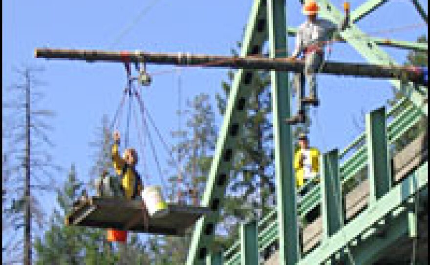 Laurel Sutherlin, an environmental protestor, hangs from a contraption of his own making. The log it is attached to blocks a bridge on the only road leading toward Mike's Gulch, a roadless area that the Forest Service has decided to open up for logging.