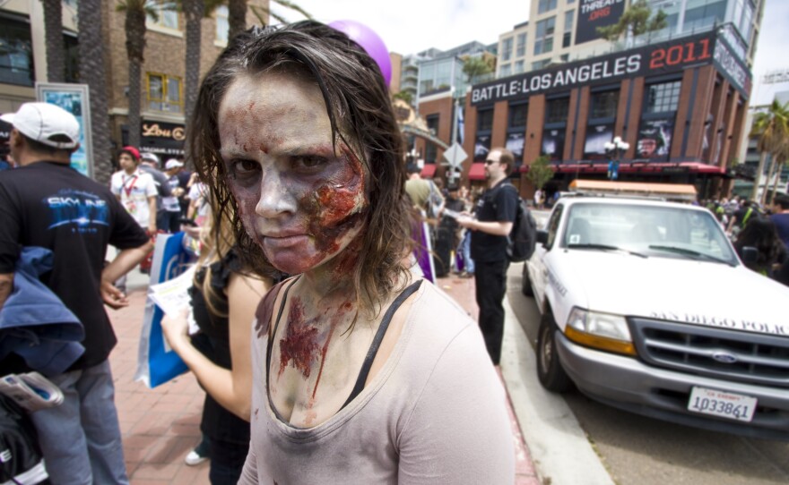 A zombie walked the streets in the Gaslamp District of downtown San Diego.