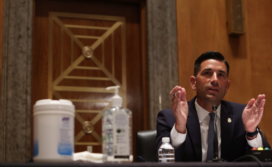 Acting U.S. Secretary of Homeland Security Chad Wolf testifies during a hearing before the Senate Homeland Security and Governmental Affairs Committee on Capitol Hill in Washington, D.C., on August 6.