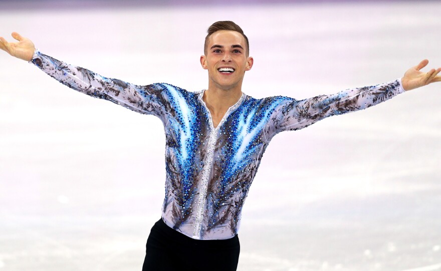 Adam Rippon of Team USA celebrates after competing in the Figure Skating Team Event at the Pyeongchang 2018 Winter Olympics. He helped the squad win a bronze medal.