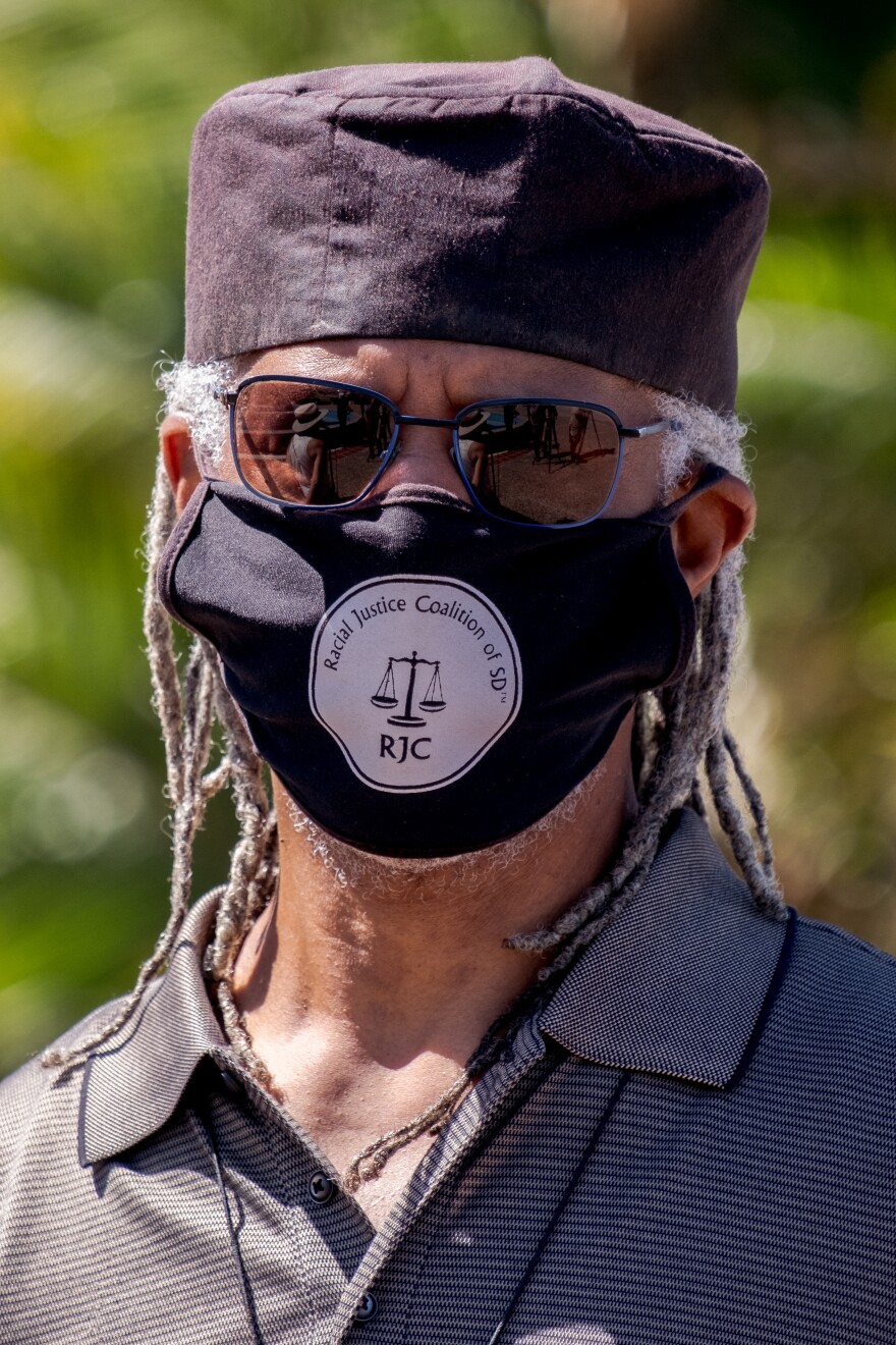 Clovis Honorรฉ, an activist with the Racial Justice Coalition spoke out against the San Diego County Citizens' Law Enforcement Review Board not appointing Buki Domingos to a full term on the board, San Diego, June 20, 2022.<br/>