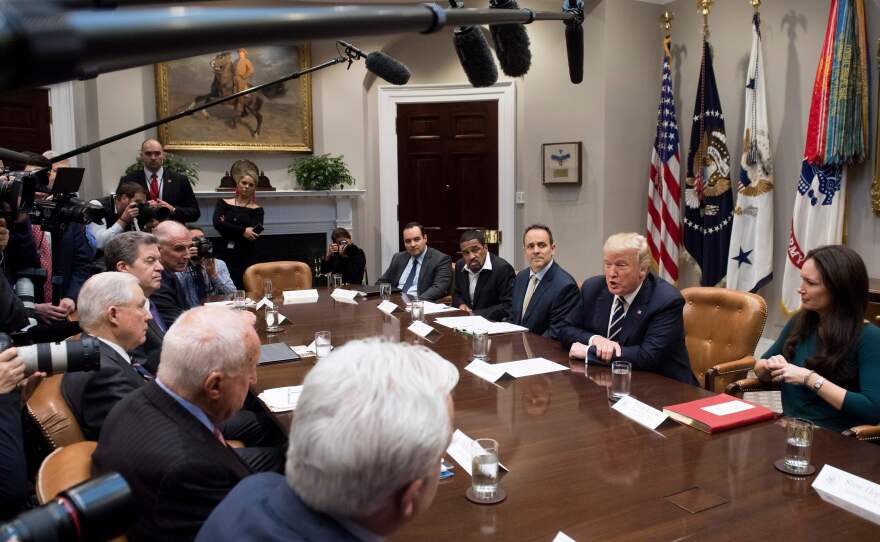President Trump speaks during a meeting on services for people leaving prison in the Roosevelt Room of the White House on Thursday.