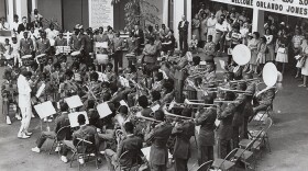 James "Chief" Wilson directing the Jones Marching Tiger Band during a live performance at the 1964 New York World's Fair. 