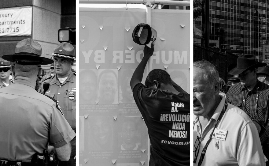 The day before the convention officially started, police monitor protesters — including those marching with the Black Lives Matter movement — as they work their way through the streets of Cleveland. Meanwhile, delegates line up for an official convention party (right).
