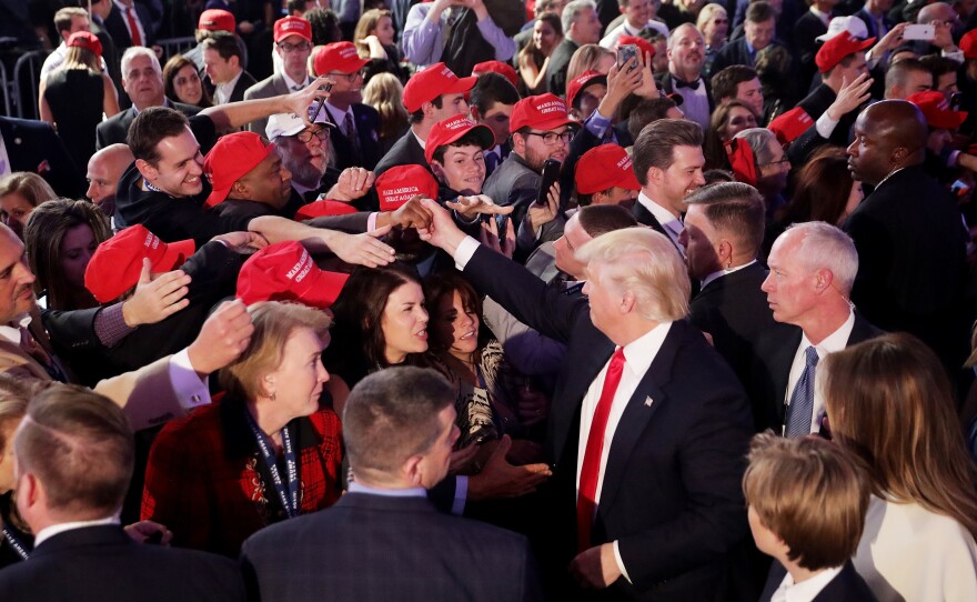 Donald Trump greets a crowd, including many younger supporters, after delivering his acceptance speech at the New York Hilton Midtown on election night 2016. Many younger voters have left the GOP since Trump took office.