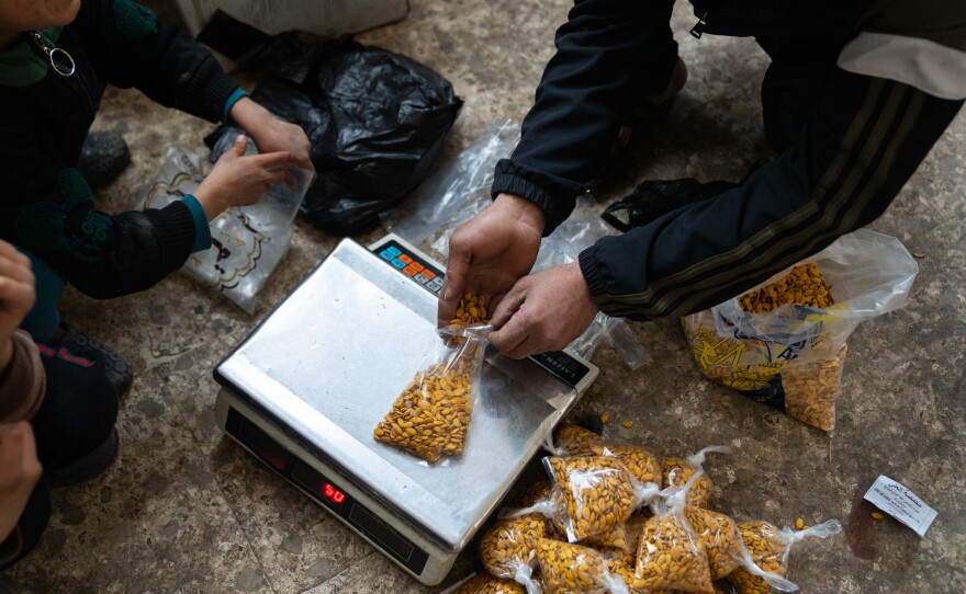 A man weighs out pumpkin seeds to sell to earn some money.