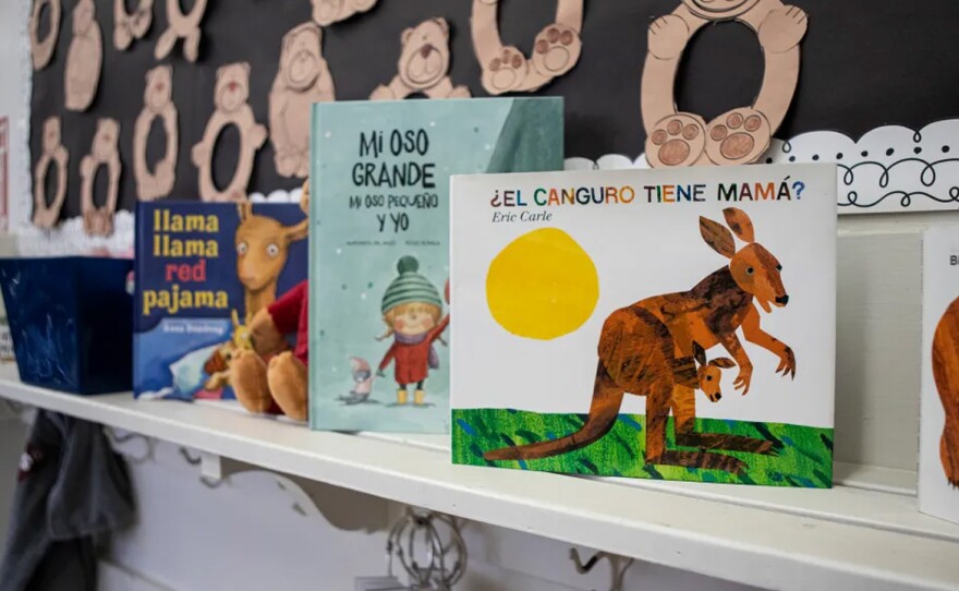 Children’s books in Spanish and English line the wall of a classroom at Washington Elementary School in Madera on Oct. 29, 2024.