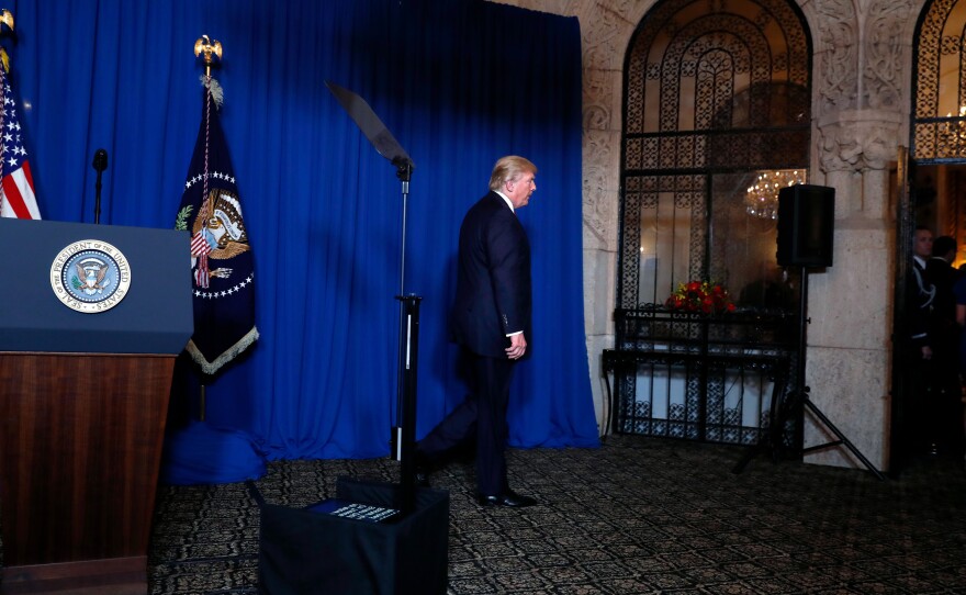 President Donald Trump steps away from his podium on Thursday evening after addressing the U.S. launch of cruise missiles into Syria after a chemical weapons attack this week against civilians.