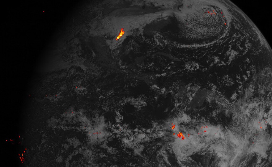 An image of Western Hemisphere lightning storms, captured Feb. 14 over the course of one hour. Brighter colors indicate more lightning energy was recorded (the key is in kilowatt-hours of total optical emissions from lightning.) The most powerful storm system is located over the Gulf Coast of Texas.