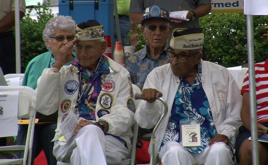 Pearl Harbor survivors Stu Hedley, left, and Ray Chavez attend a Spirit of 45 ceremony at the San Diego Veterans Museum in Balboa Park, Aug. 9, 2015.