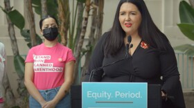 San Diego County Supervisor Nora Vargas speaks at a news conference for the Free 4 Menstrual Equity program at the County Administration Building. May 28, 2021.