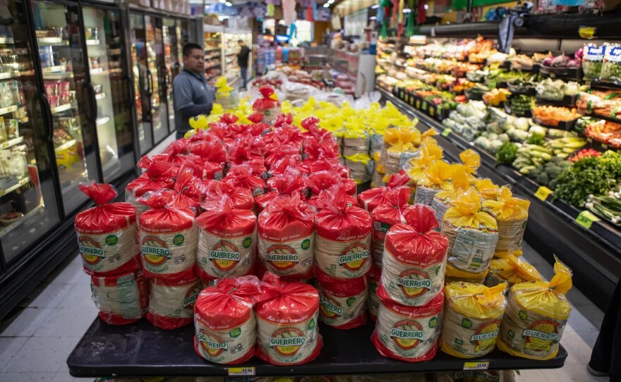 Stacks of tortilla packages at a supermarket in Fresno on April 9, 2024.