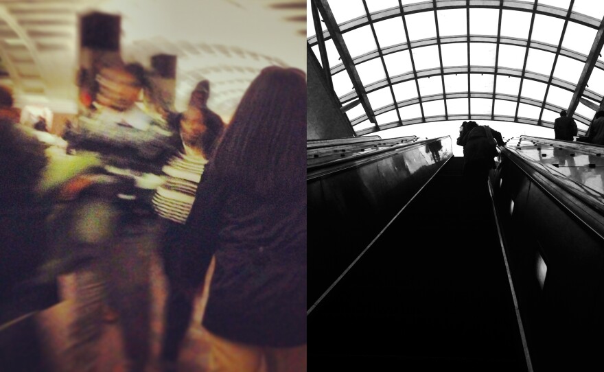 Becca Bullard commutes every day from Arlington, Va., via Metro's Virginia Square station to her work in downtown Washington, D.C. Her commute to work begins around 9 a.m. (left), and she arrives home around 6:30 p.m. (right).