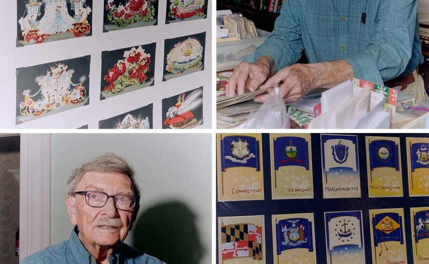 Brown organizes some postcards in his home.