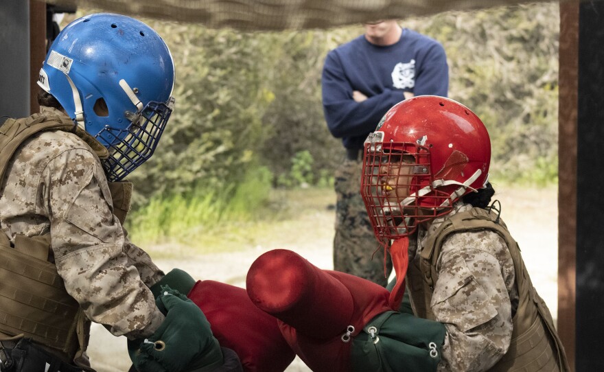 Marine recruits from Lima Company sparring with pugil sticks at Marine Corps Recruit Depot, San Diego, March 23, 2021.