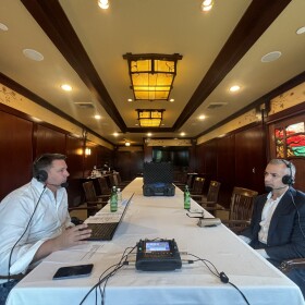 KPBS Roundtable host Andrew Bracken (left) hosts a live interview with NPR Morning Edition and Up First host, A Martinez at The Lodge at Torrey Pines, Nov. 14, 2025.