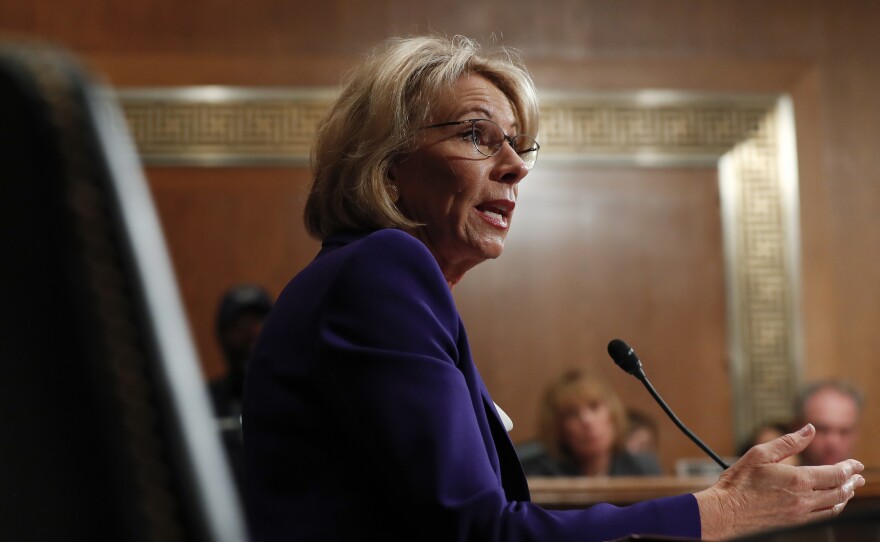 Education Secretary-designate Betsy DeVos testifies on Capitol Hill in Washington, on Tuesday, Jan. 17, 2017, at her confirmation hearing before the Senate Health, Education, Labor and Pensions Committee.