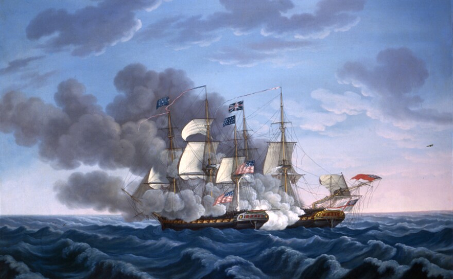 "In Action," an oil painting by Michel Felice Corne (1752-1845), depicting the USS Constitution and HMS Guerriere firing on each other, as Guerriere's mizzen mast goes over the side.